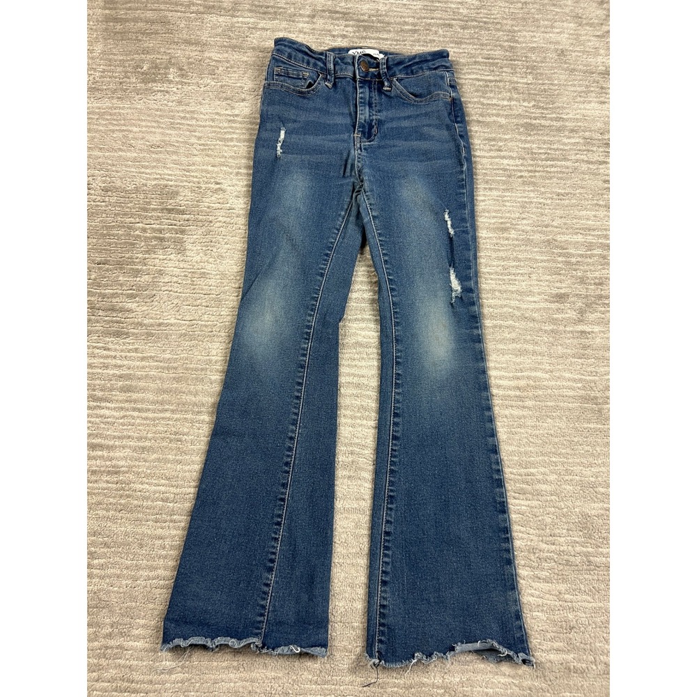 YMI Girl Flare Jeans Girls 12 Blue Medium Wash Distressed Raw Hem High Rise